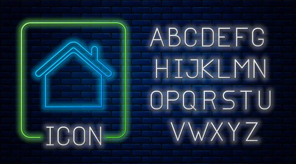 Leuchtende Neon-Haus-Ikone isoliert auf Backsteinwand Hintergrund. Heimatsymbol. Neonlicht-Alphabet. Vektorillustration — Stockvektor