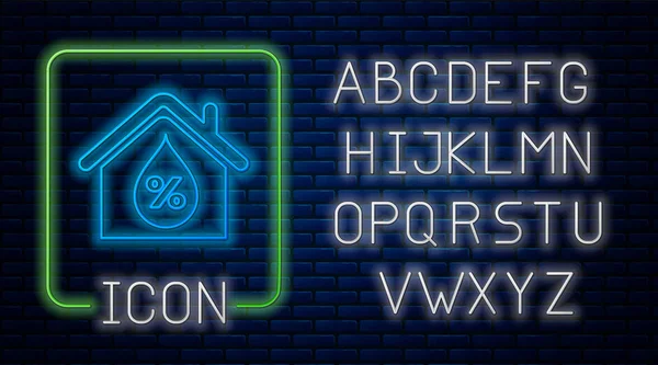 Leuchtende Neon-Haus Feuchtigkeitssymbol isoliert auf Backsteinwand Hintergrund. Wetter und Meteorologie, Thermometer-Symbol. Neonlicht-Alphabet. Vektorillustration — Stockvektor