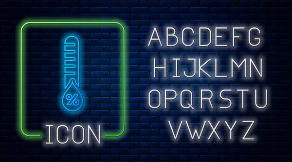 Ícone de umidade de néon brilhante isolado no fundo da parede de tijolo. Tempo e meteorologia, símbolo do termómetro. Alfabeto claro de néon. Ilustração vetorial —  Vetores de Stock