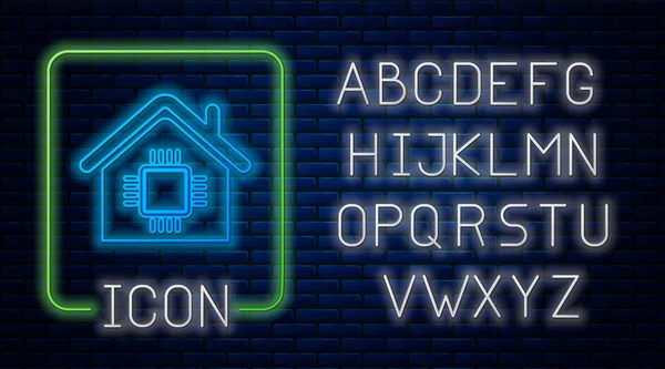 Gloeiende neon Smart home icoon geïsoleerd op bakstenen muur achtergrond. Afstandsbediening. Neon licht alfabet. Vector Illustratie — Stockvector