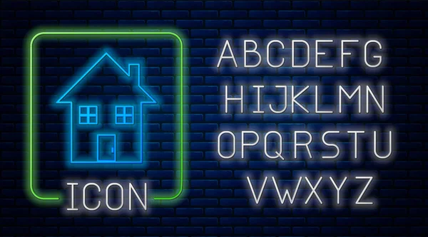 Gloeiende neon House icoon geïsoleerd op bakstenen muur achtergrond. Huissymbool. Neon licht alfabet. Vector Illustratie — Stockvector