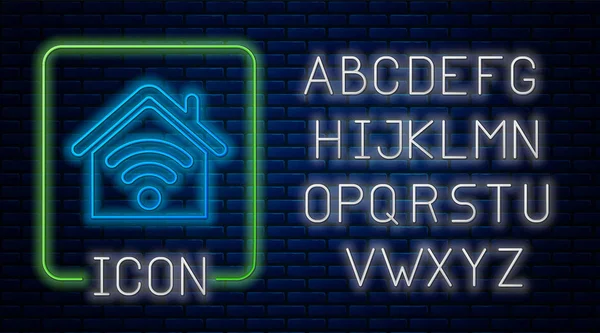 Leuchtende Neon Smart Home mit Wi-Fi-Symbol isoliert auf Backsteinwand Hintergrund. Fernbedienung. Neonlicht-Alphabet. Vektorillustration — Stockvektor