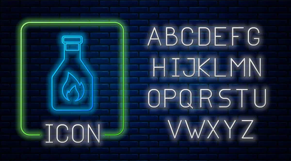 Leuchtende Neon-Ketchup-Flasche Symbol isoliert auf Backsteinwand Hintergrund. Neonlicht-Alphabet. Vektorillustration — Stockvektor