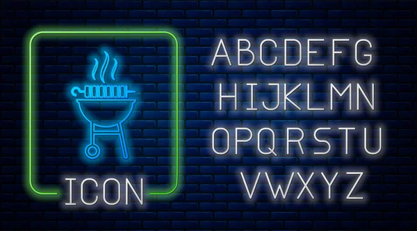 Świecący neon Grillowany szaszłyk grilla na szpikulec kij ikona izolowane na tle cegły ściany. Mięsny kebab z grilla na szpikulcu. Piknik z mięsem z grilla. Neonowy alfabet świetlny. Ilustracja wektora — Wektor stockowy