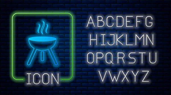 Сяюча неонова піктограма гриля Барбекю ізольована на фоні цегляної стіни. Вечірка на грилі BBQ. Неоновий легкий алфавіт. Векторна ілюстрація — стоковий вектор