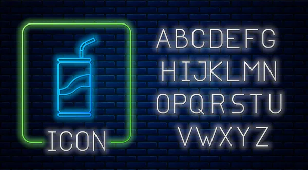 Светящаяся неоновая банка с соломенной иконкой на фоне кирпичной стены. Неоновый легкий алфавит. Векторная миграция — стоковый вектор