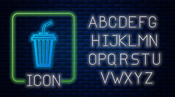 Świecący neon Szkło z ikoną wody izolowane na tle cegły ściany. Woda sodowa do picia ze słomką. Świeży symbol zimnego napoju. Neonowy alfabet świetlny. Ilustracja wektora — Wektor stockowy