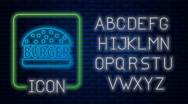 Leuchtende Neon-Burger-Ikone isoliert auf Backsteinwand Hintergrund. Hamburger Ikone. Cheeseburger Sandwich-Schild. Neonlicht-Alphabet. Vektorillustration — Stockvektor
