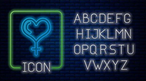 Glowing neon Female gender symbol and heart icon isolated on brick wall background. Venus symbol. The symbol for a female organism or woman. Neon light alphabet. Vector Illustration — Stock Vector