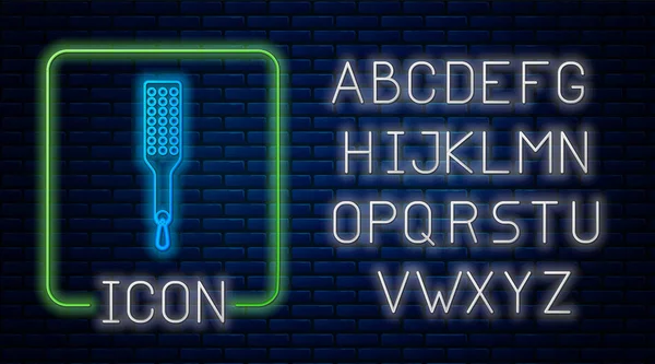 Leuchtendes neonfarbenes Paddel-Symbol isoliert auf Backsteinwand-Hintergrund. Fetisch-Accessoire. Sexspielzeug für Erwachsene. Neonlicht-Alphabet. Vektorillustration — Stockvektor