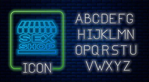 Edifício brilhante da loja do sexo do neon com ícone listrado do toldo isolado no fundo da parede de tijolo. Sex shop, loja de sexo on-line, conceito de produtos eróticos adultos. Alfabeto claro de néon. Ilustração vetorial — Vetor de Stock