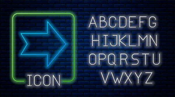 Ícone de seta de néon brilhante isolado no fundo da parede de tijolo. Direção Símbolo Arrowhead. Sinal do indicador de navegação. Alfabeto claro de néon. Ilustração vetorial — Vetor de Stock