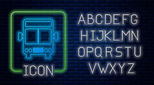 Glowing neon Bus icon isolated on brick wall background. Transportation concept. Bus tour transport sign. Tourism or public vehicle symbol. Neon light alphabet. Vector Illustration — ストックベクタ