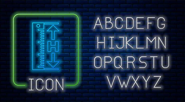 Néon brilhante O ícone de altura e comprimento de medição isolado no fundo da parede de tijolo. Régua, recta, símbolo de escala. Alfabeto claro de néon. Ilustração vetorial — Vetor de Stock