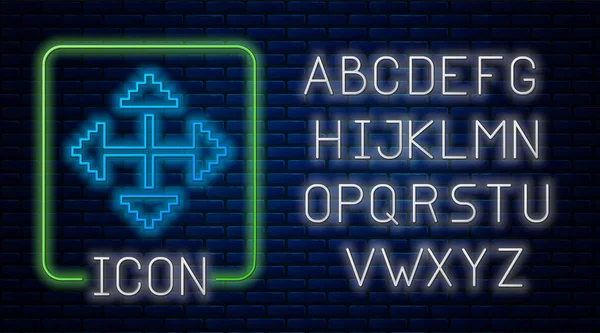Frecce luminose al neon Pixel in quattro direzioni icona isolata su sfondo muro di mattoni. Segno di spostamento del cursore. Alfabeto della luce al neon. Illustrazione vettoriale — Vettoriale Stock