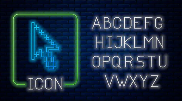 Ragyogó neon Pixel nyíl kurzor ikon elszigetelt téglafal háttér. Neonfény ábécé. Vektorillusztráció — Stock Vector