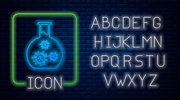 Leuchtendes Neon-Laborglasreagenzglas mit Virus und Bakterien-Symbol isoliert auf Backsteinwand Hintergrund. Analyse Mikroorganismus, Forschung, Diagnose. Neonlicht-Alphabet. Vektorillustration — Stockvektor