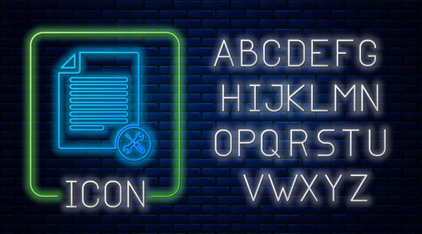 Documento de arquivo neon brilhante com chave de fenda e ícone de chave de fenda isolado no fundo da parede de tijolo. Ajuste, serviço, configuração, manutenção, reparação, fixação. Alfabeto claro de néon. Ilustração vetorial —  Vetores de Stock