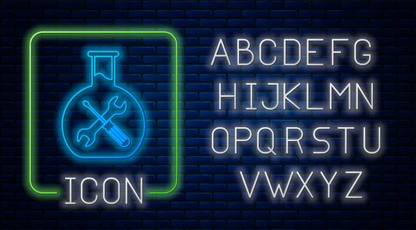 Świecący neon Bioinżynieria ze śrubokrętem i ikoną klucza izolowane na tle cegły ściany. Regulacja, serwis, ustawienie, konserwacja, naprawa, naprawa. Neonowy alfabet świetlny. Ilustracja wektora — Wektor stockowy