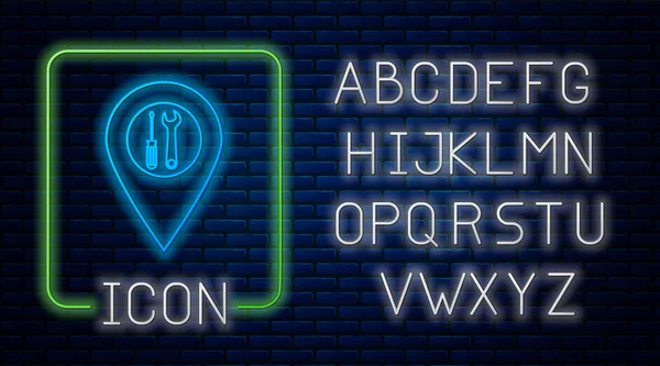 Leuchtende Neon-Position mit gekreuzten Schraubenzieher und Schraubenschlüssel Werkzeuge Symbol isoliert auf Backstein-Wand-Hintergrund. Zeiger-Einstellungen Symbol. Neonlicht-Alphabet. Vektorillustration — Stockvektor