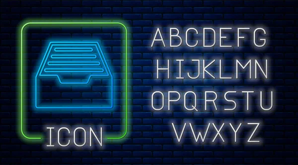 Gaveta de néon brilhante com documentos ícone isolado no fundo da parede de tijolo. gaveta de papéis de arquivo. Gaveta do armário de arquivos. Mobília de escritório. Alfabeto claro de néon. Ilustração vetorial —  Vetores de Stock