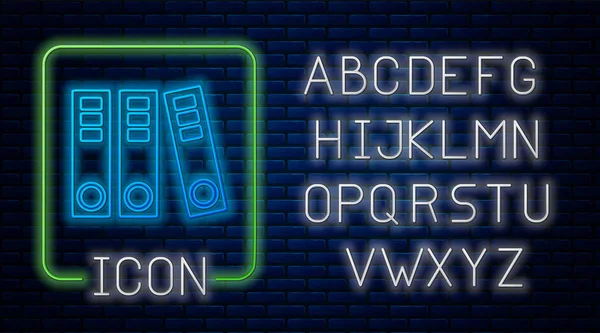 Lumineux néon dossiers Office avec des papiers et des documents icône isolée sur fond de mur de briques. Liants de bureau. Archives dossier signe. Alphabet néon. Illustration vectorielle — Image vectorielle