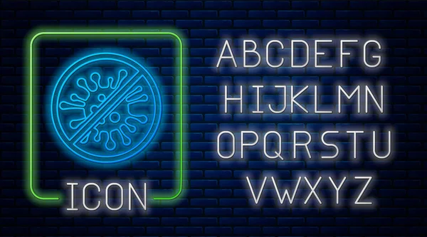 Leuchtende Leuchtneon-Stop-Virus, Bakterien, Keime und Mikroben Symbol isoliert auf Backsteinwand Hintergrund. antibakterielle und antivirale Abwehr, Schutzinfektion. Neonlicht-Alphabet. Vektorillustration — Stockvektor