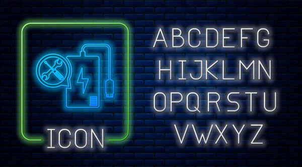 Duvarda izole edilmiş tornavida ve anahtar ikonu ile parlayan neon enerji bankası. Ayarlama, servis, ayar, bakım, onarım, onarım. Neon ışıklı alfabe. Vektör İllüstrasyonu — Stok Vektör