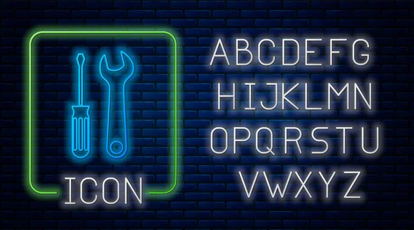 Leuchtende Neon-Schraubenzieher und Schraubenschlüssel Werkzeuge Symbol isoliert auf Ziegelwand Hintergrund. Service-Tool-Symbol. Neonlicht-Alphabet. Vektorillustration — Stockvektor