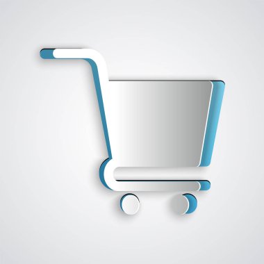 Kağıt kesiği, gri arka planda izole edilmiş alışveriş arabası simgesi. İnternetten satın alma konsepti. Servis tabelası. Süpermarket sepeti sembolü. Kağıt sanatı tarzı. Vektör İllüstrasyonu