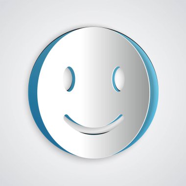 Kağıt kesim Smile yüz simgesi gri arka plan üzerinde izole. Gülümseyen ifade. Mutlu gülen sohbet sembolü. Kağıt sanat tarzı. Vektör İllüstrasyonu