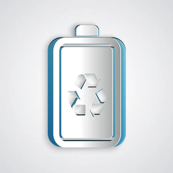 Paper cut Battery with recycle symbol line icon isolated on grey background. Battery with recycling symbol - renewable energy concept. Paper art style. Vector Illustration — Stock Vector