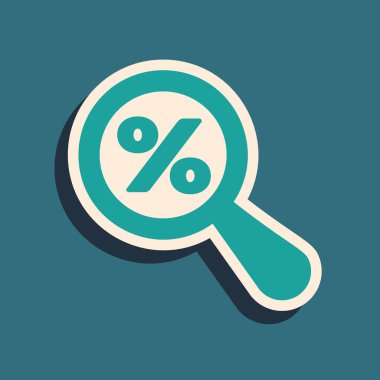 Mavi arka planda yüzde yüz indirim simgesi olan yeşil büyüteç. İndirimli aramalar. İndirim tabelasını ara. Uzun gölge tarzı. Vektör İllüstrasyonu