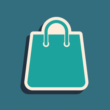 Mavi arkaplanda yeşil el çantası simgesi izole edildi. Kum torbası işareti. Kadın çanta ikonu. Kadın el çantası işareti. Cazibeli günlük eşyalar. Uzun gölge tarzı. Vektör İllüstrasyonu