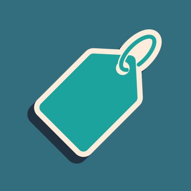 Yeşil Boş etiket fiyat etiketi simgesi mavi arkaplanda izole edildi. Boş alışveriş indirimi etiketi. Şablon indirimli afiş. Uzun gölge tarzı. Vektör İllüstrasyonu