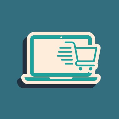 Ekran dizüstü bilgisayarındaki yeşil alışveriş arabası mavi arkaplanda izole edilmiş. Konsept e-ticaret, e-ticaret, online iş pazarlama. Uzun gölge tarzı. Vektör İllüstrasyonu