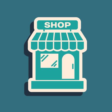 Yeşil Alışveriş binası ya da market simgesi mavi arka planda izole edilmiş. Dükkan inşaatı. Uzun gölge tarzı. Vektör İllüstrasyonu