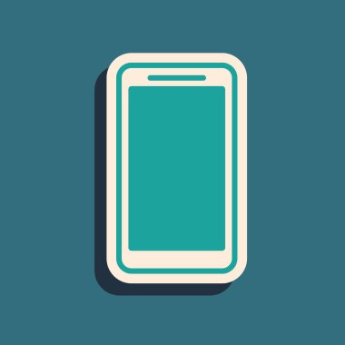 Yeşil Smartphone, cep telefonu simgesi mavi arka plan üzerinde izole. Uzun gölge stili. Vektör İllüstrasyonu