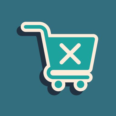 Mavi arkaplanda yeşil alışveriş arabası simgesi izole edildi. İnternetten satın alma konsepti. Servis tabelası. Süpermarket sepeti ve X işareti. Uzun gölge tarzı. Vektör İllüstrasyonu