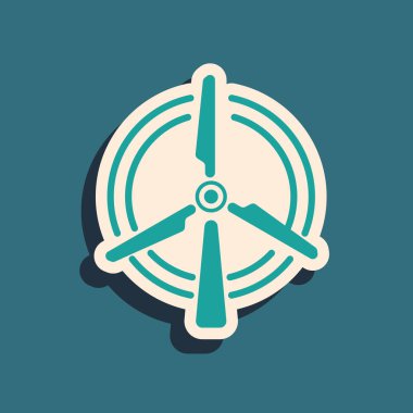 Mavi arka planda yeşil rüzgar türbini simgesi izole edildi. Rüzgar jeneratörü işareti. Elektrik üretimi için yel değirmeni. Uzun gölge tarzı. Vektör İllüstrasyonu