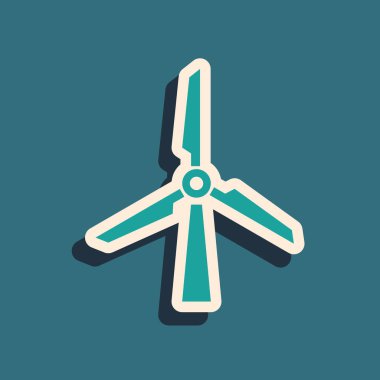 Yeşil Rüzgar türbini simgesi mavi arkaplanda izole edildi. Rüzgar jeneratörü işareti. Yel değirmeni silueti. Elektrik üretimi için yel değirmeni. Uzun gölge tarzı. Vektör İllüstrasyonu