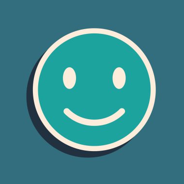 Mavi arka planda izole edilmiş Yeşil Gülen Yüz simgesi. Gülümseyen ifade. Mutlu gülümseme sohbet sembolleri. Uzun gölge tarzı. Vektör İllüstrasyonu