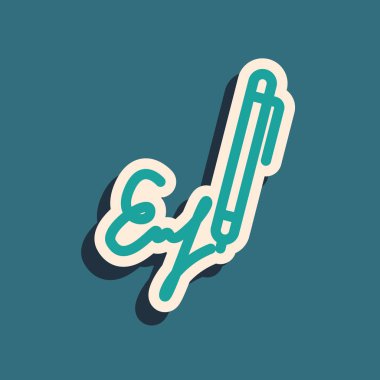 Mavi arkaplanda yeşil imza simgesi izole edildi. Kalem ve altyazılar, imzalar, imzalar, onaylar. Uzun gölge tarzı. Vektör İllüstrasyonu