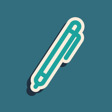 Mavi arkaplanda yeşil kalem çizgisi simgesi izole edildi. Uzun gölge tarzı. Vektör İllüstrasyonu