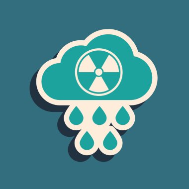 Green Acid rain and radioactive cloud icon isolated on blue background. Effects of toxic air pollution on the environment. Long shadow style. Vector Illustration