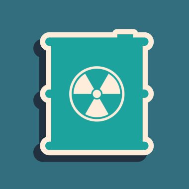 Green Radioactive waste in barrel icon isolated on blue background. Toxic refuse keg. Radioactive garbage emissions, environmental pollution. Long shadow style. Vector Illustration