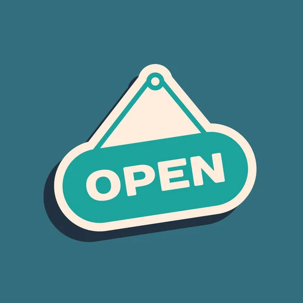 Grön hängande skylt med text Öppen dörr ikon isolerad på blå bakgrund. Lång skuggstil. Vektor Illustration — Stock vektor