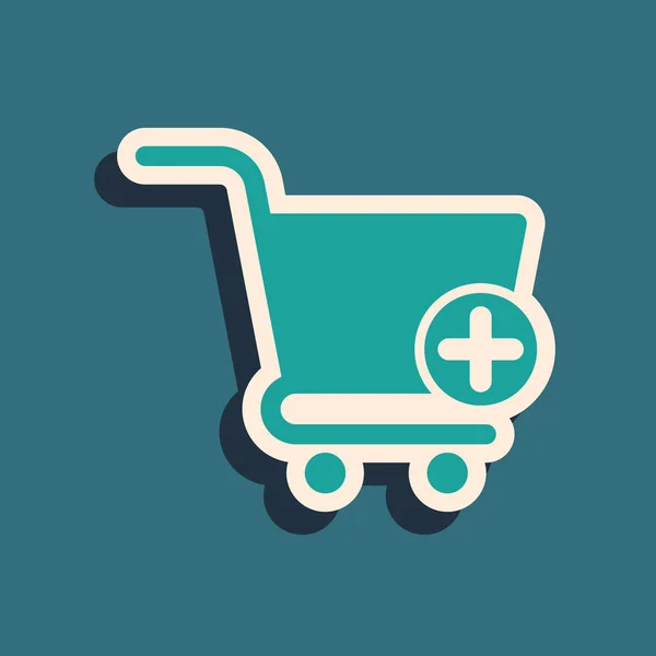 Green Add to Shopping cart icon isolated on blue background. Online nákupní koncept. Podpis doručovací služby. Symbol supermarketu. Dlouhý stínový styl. Vektorová ilustrace — Stockový vektor