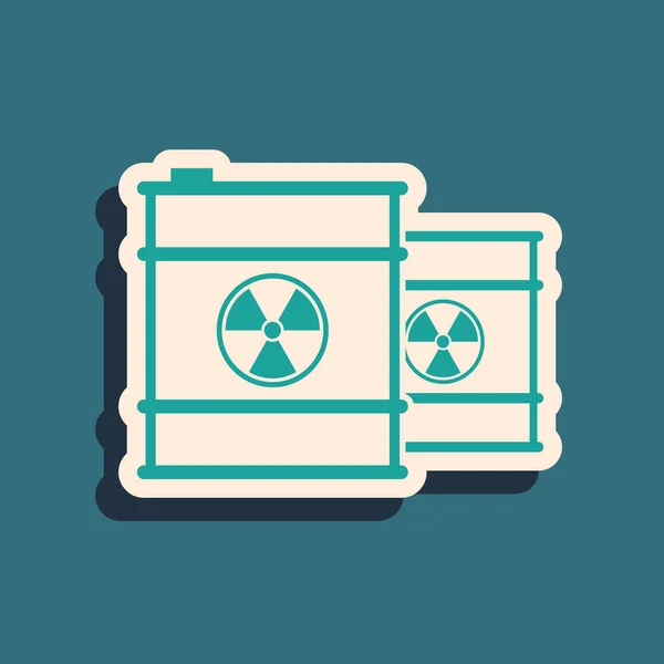 Green Radioactive waste in barrel icon isolated on blue background. Toxic refuse keg. Radioactive garbage emissions, environmental pollution. Long shadow style. Vector Illustration — Stock Vector