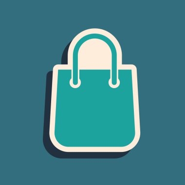 Mavi arkaplanda yeşil alışveriş torbası simgesi izole edildi. Paket işareti. Uzun gölge tarzı. Vektör İllüstrasyonu